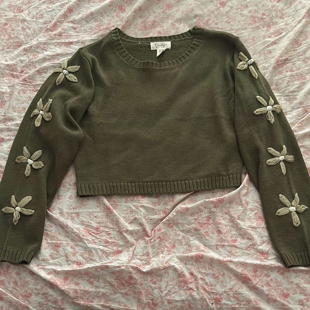 Jessica Simpson Olive Green Sweater with Cream Floral Accents